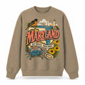 Colorful Maryland State Collage Crewneck Sweatshirt in Khaki, front view on a white background