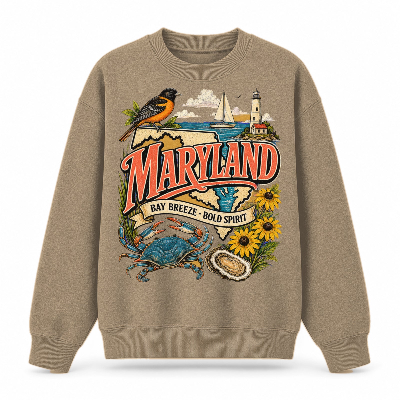 Colorful Maryland State Collage Crewneck Sweatshirt in Khaki, front view on a white background
