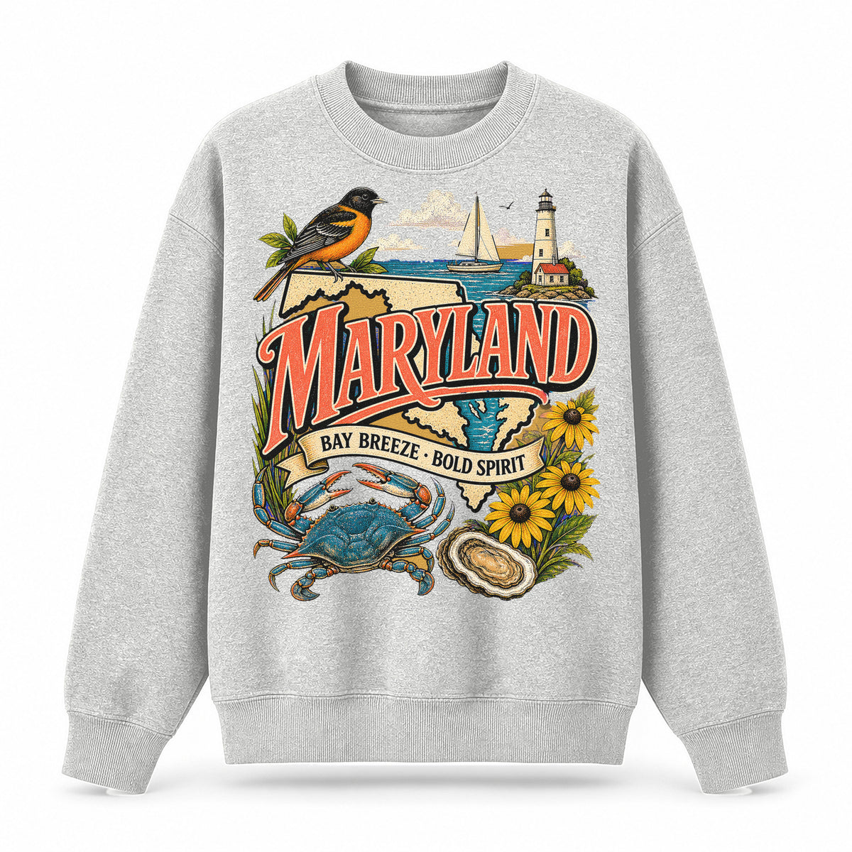 Colorful Maryland State Collage Crewneck Sweatshirt in Light Gray, front view on a white background