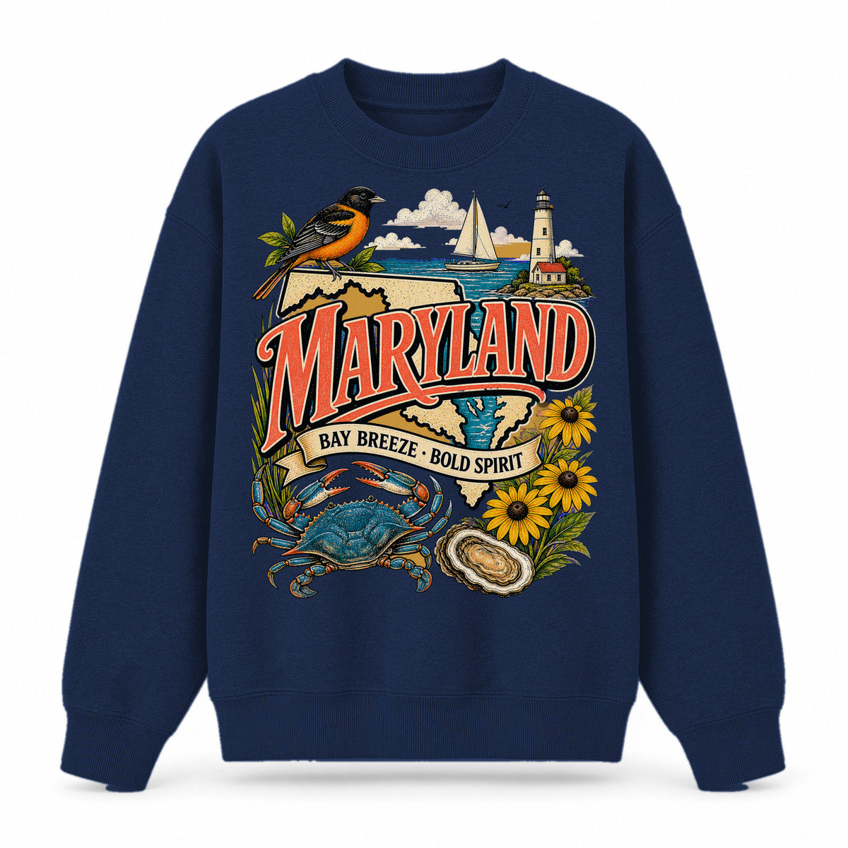 Colorful Maryland State Collage Crewneck Sweatshirt in Navy, front view on a white background