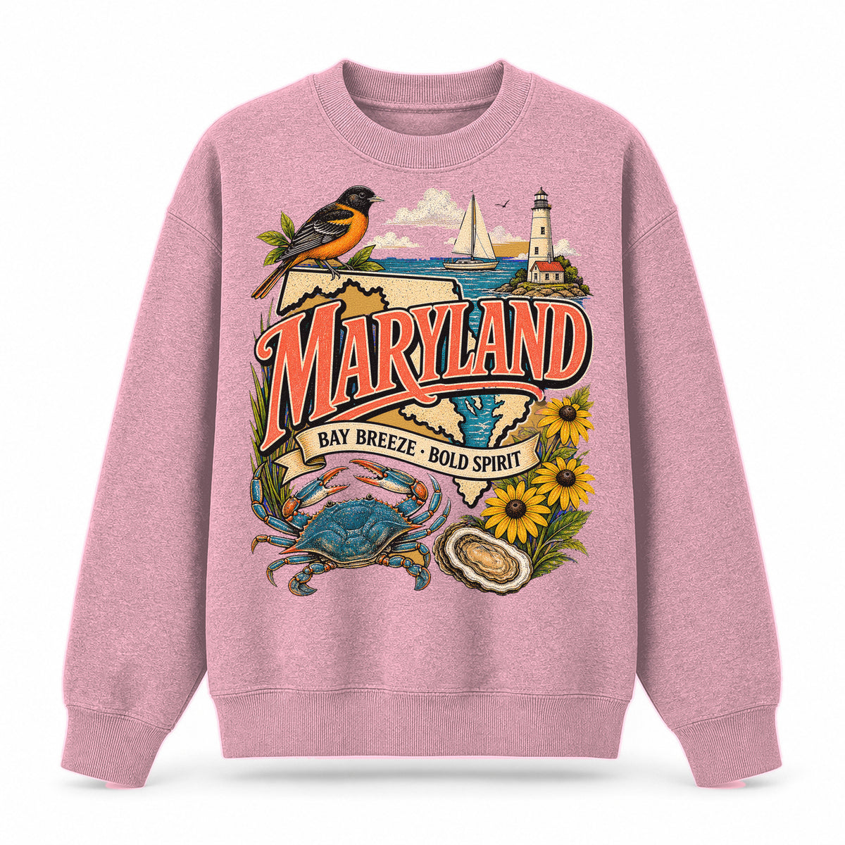Colorful Maryland State Collage Crewneck Sweatshirt in Pink, front view on a white background