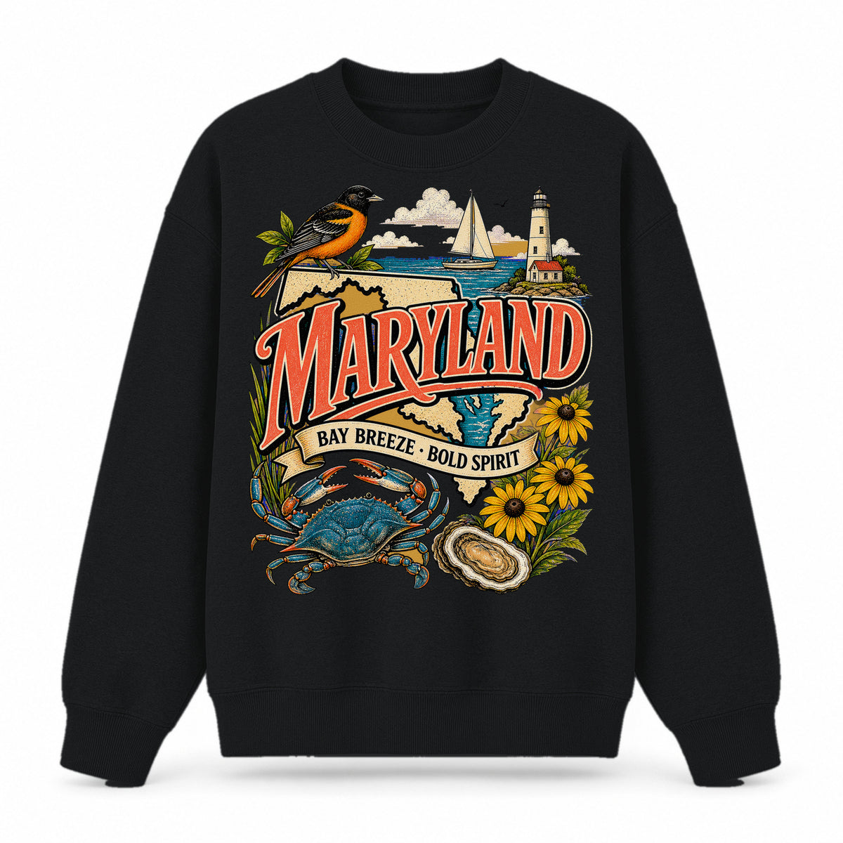 Colorful Maryland State Collage Crewneck Sweatshirt in Black, front view on a white background