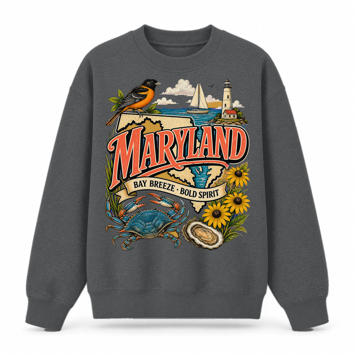 Colorful Maryland State Collage Crewneck Sweatshirt in Dark Gray, front view on a white background