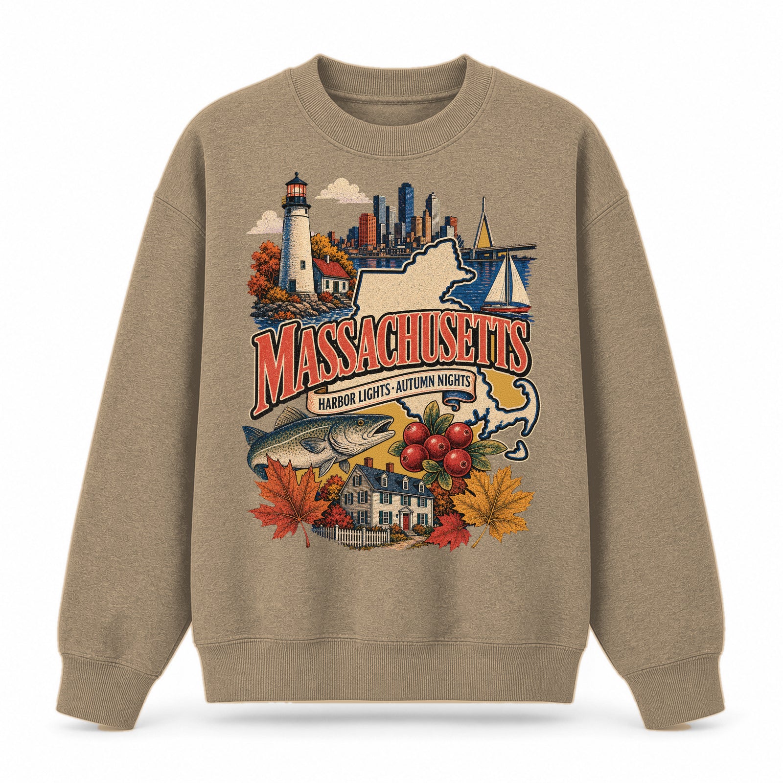 Colorful Massachusetts State Collage Crewneck Sweatshirt in Khaki, front view on a white background