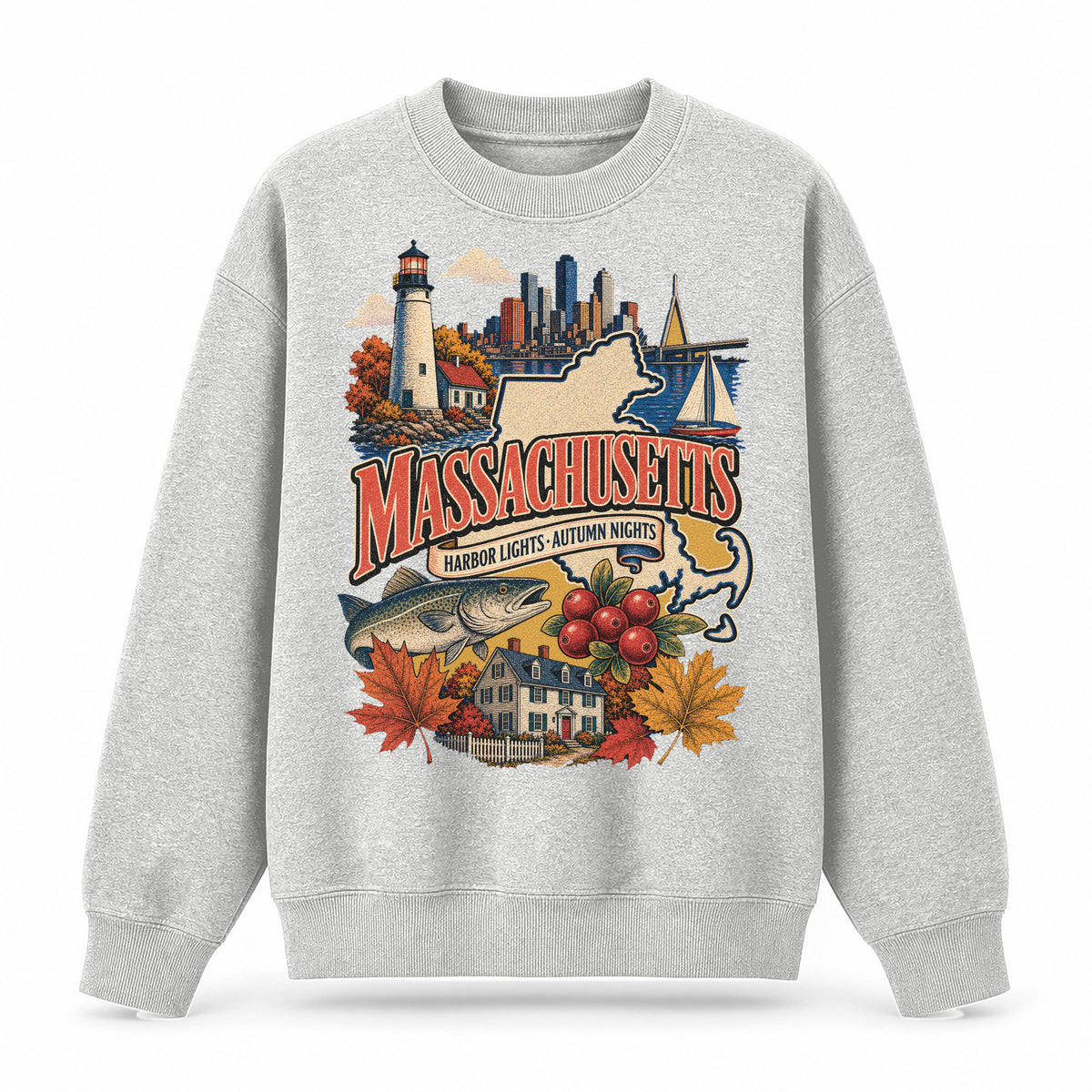 Colorful Massachusetts State Collage Crewneck Sweatshirt in Light Gray, front view on a white background