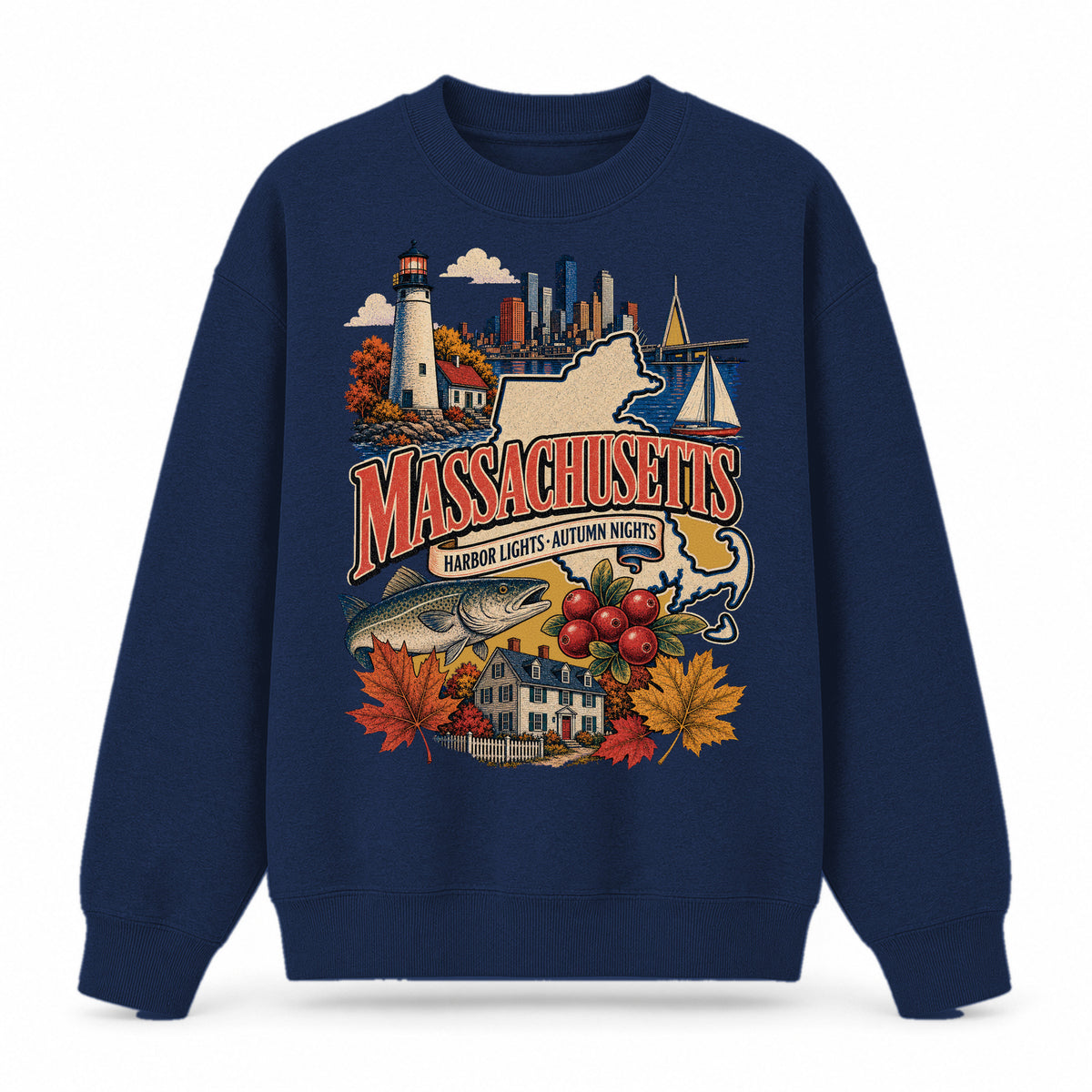 Colorful Massachusetts State Collage Crewneck Sweatshirt in Navy, front view on a white background