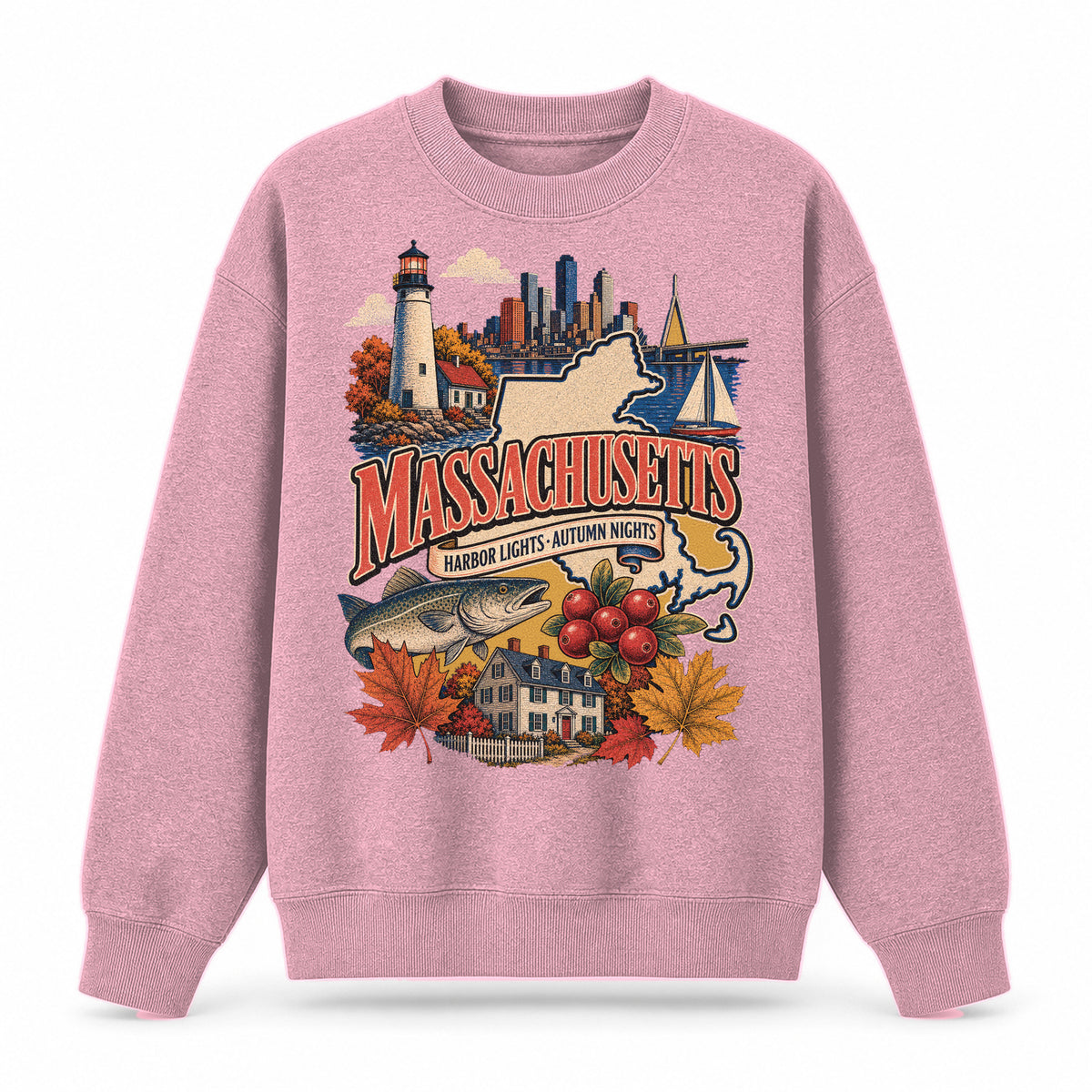 Colorful Massachusetts State Collage Crewneck Sweatshirt in Pink, front view on a white background