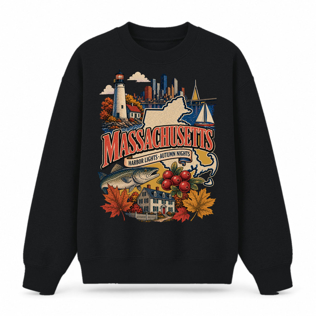 Colorful Massachusetts State Collage Crewneck Sweatshirt in Black, front view on a white background