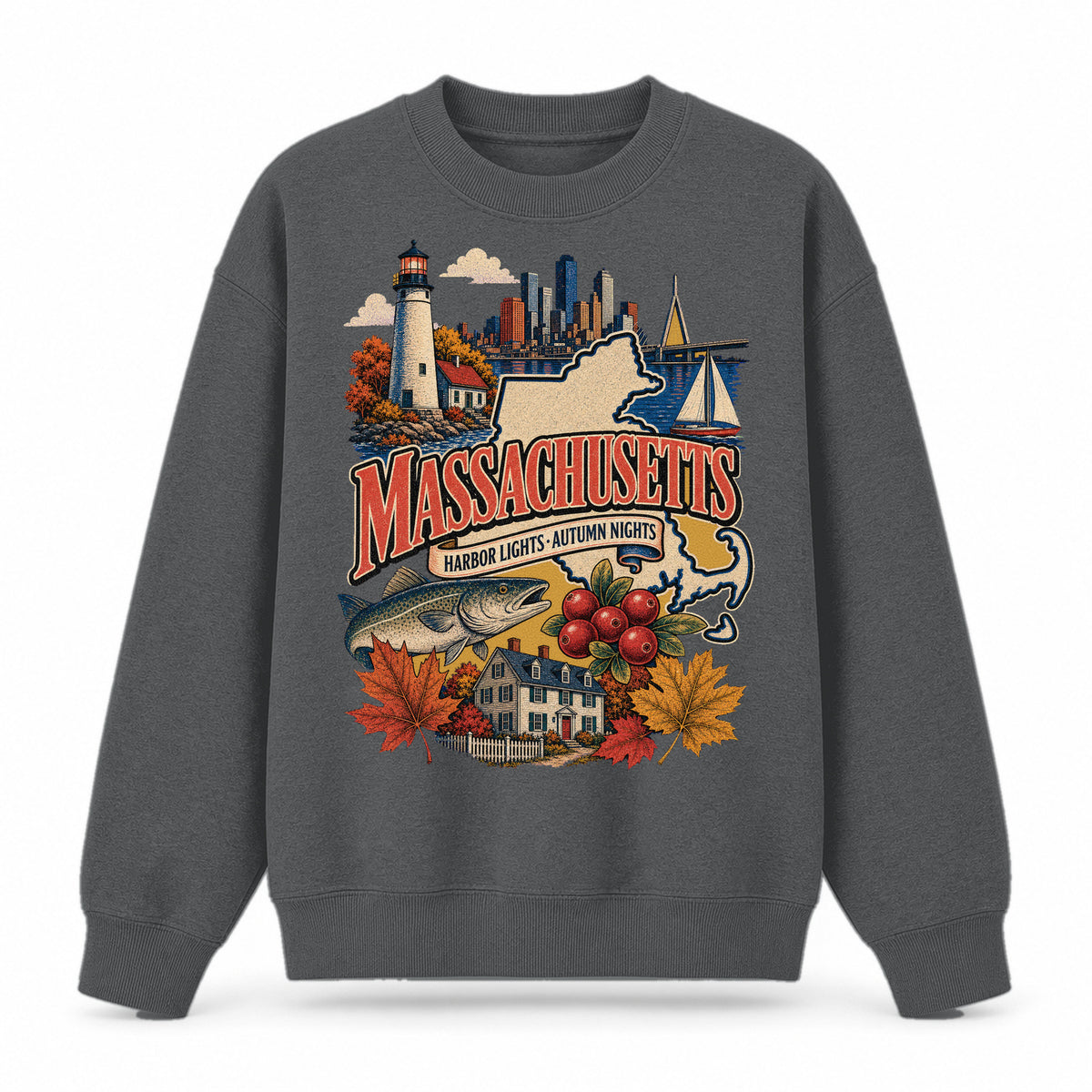 Colorful Massachusetts State Collage Crewneck Sweatshirt in Dark Gray, front view on a white background