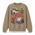 Colorful Michigan State Collage Crewneck Sweatshirt in Khaki, front view on a white background