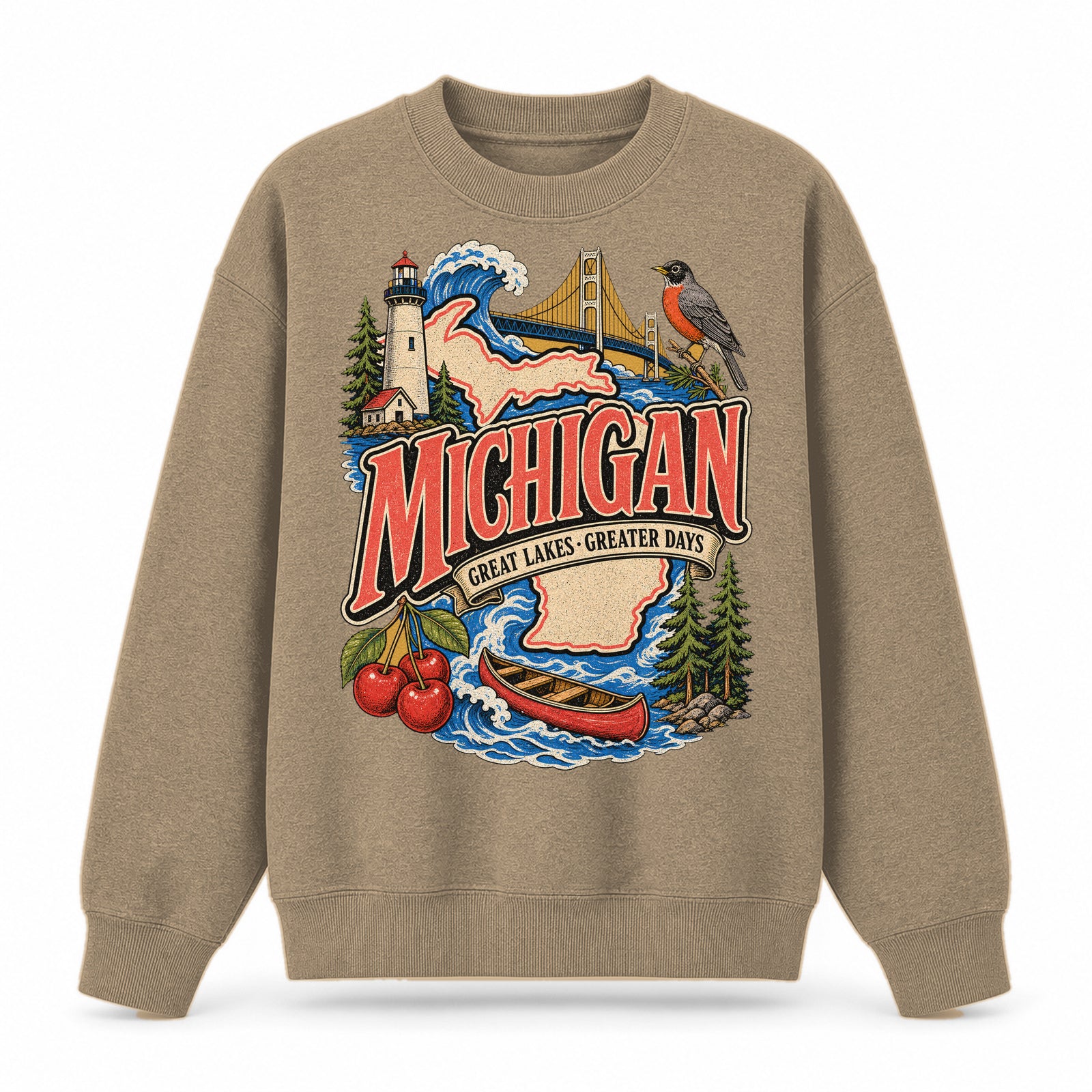 Colorful Michigan State Collage Crewneck Sweatshirt in Khaki, front view on a white background