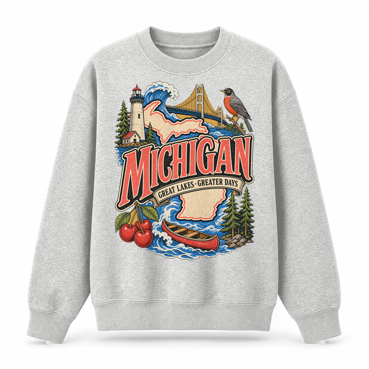 Colorful Michigan State Collage Crewneck Sweatshirt in Light Gray, front view on a white background