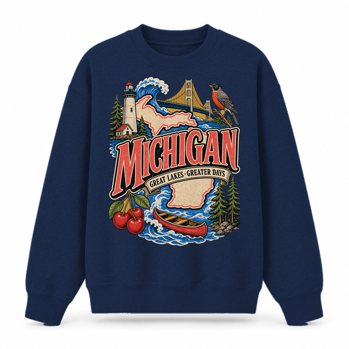 Colorful Michigan State Collage Crewneck Sweatshirt in Navy, front view on a white background