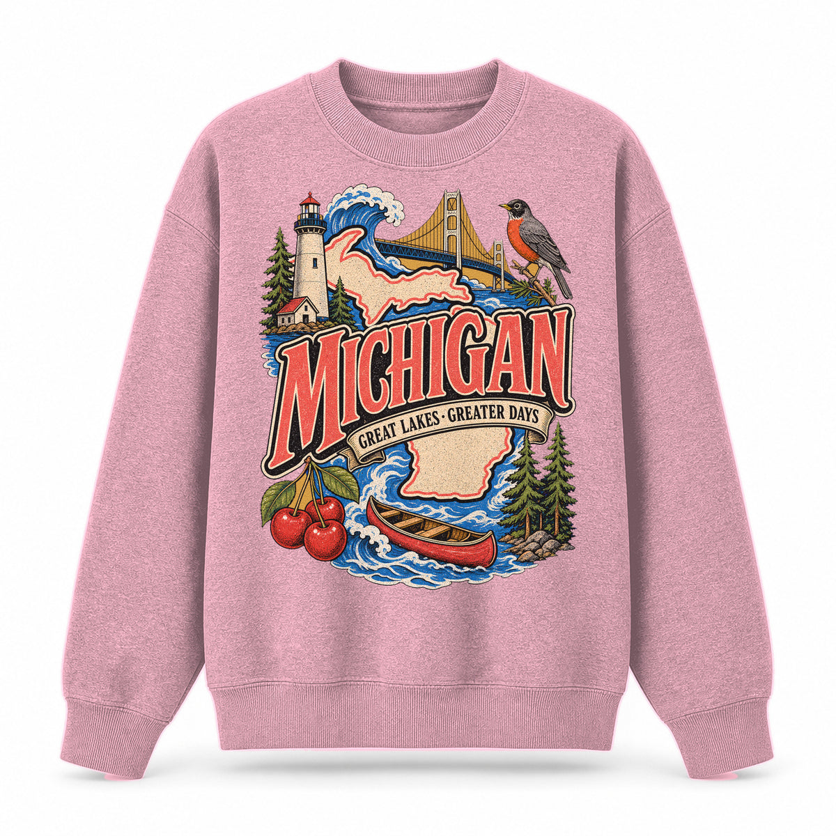 Colorful Michigan State Collage Crewneck Sweatshirt in Pink, front view on a white background