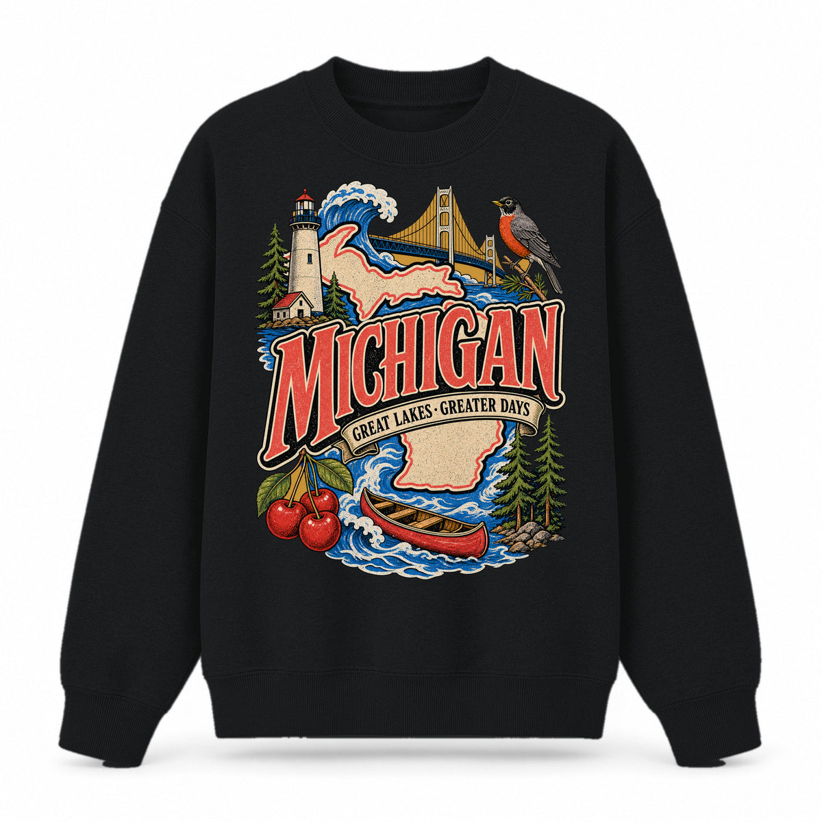 Colorful Michigan State Collage Crewneck Sweatshirt in Black, front view on a white background