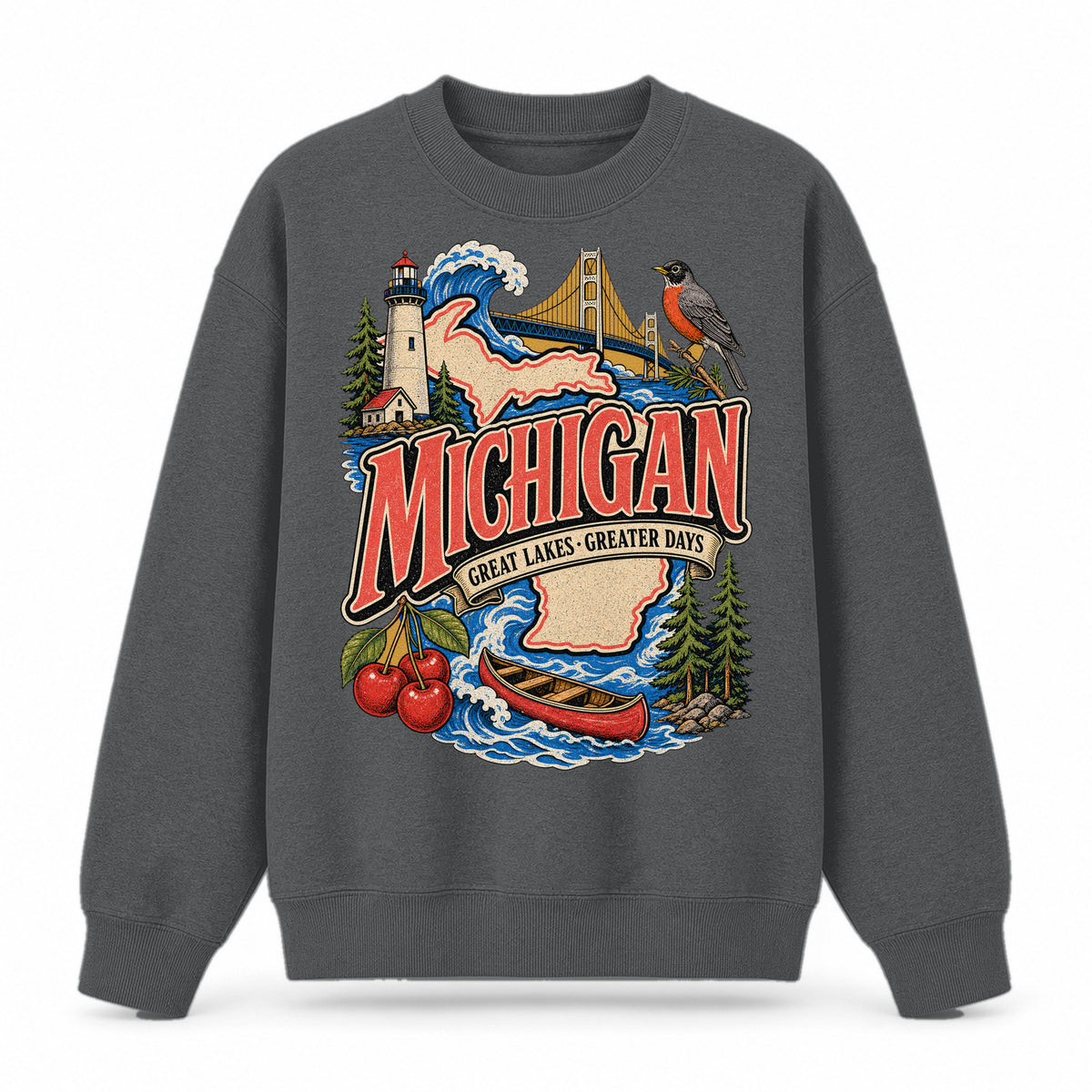 Colorful Michigan State Collage Crewneck Sweatshirt in Dark Gray, front view on a white background