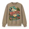 Colorful Minnesota State Collage Crewneck Sweatshirt in Khaki, front view on a white background
