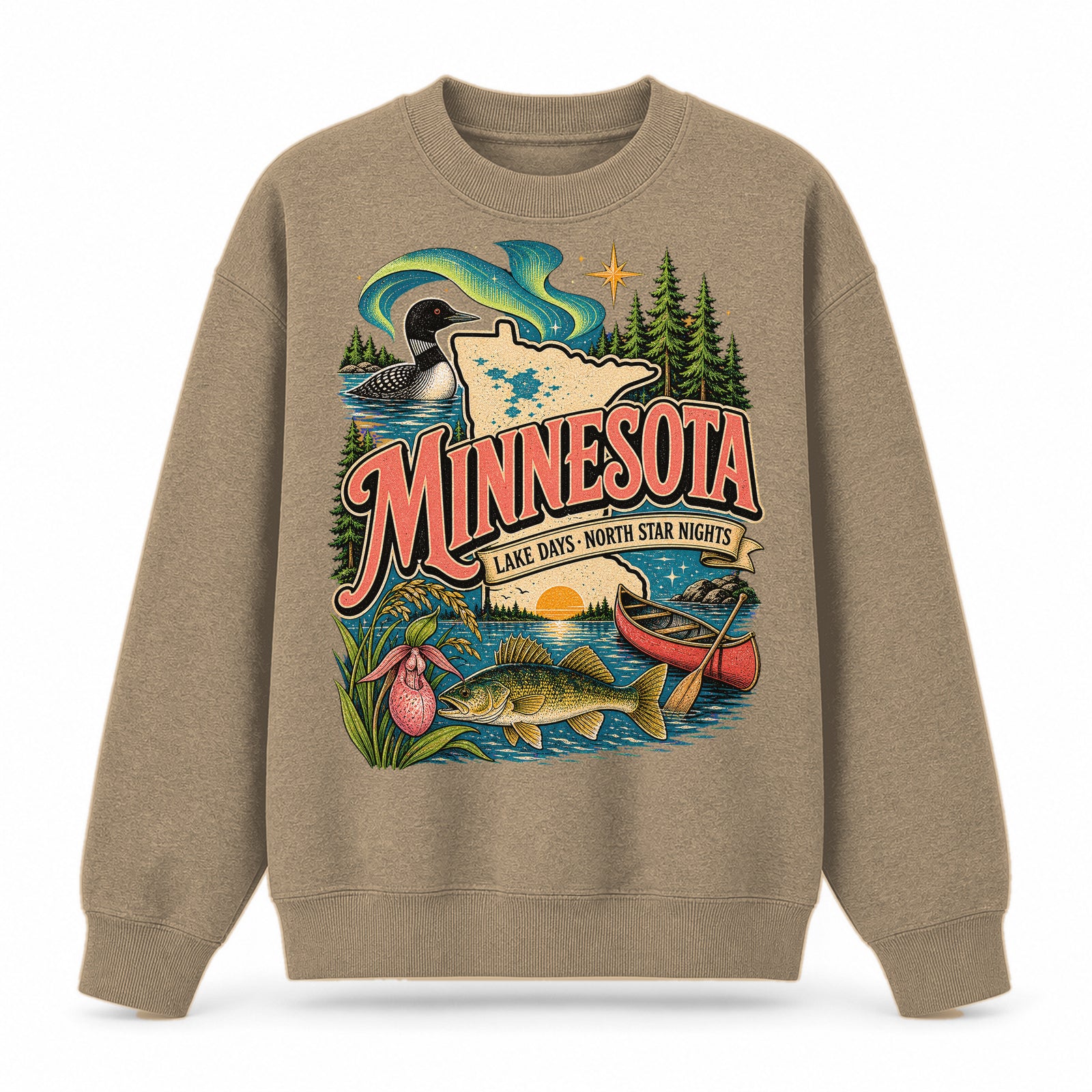 Colorful Minnesota State Collage Crewneck Sweatshirt in Khaki, front view on a white background