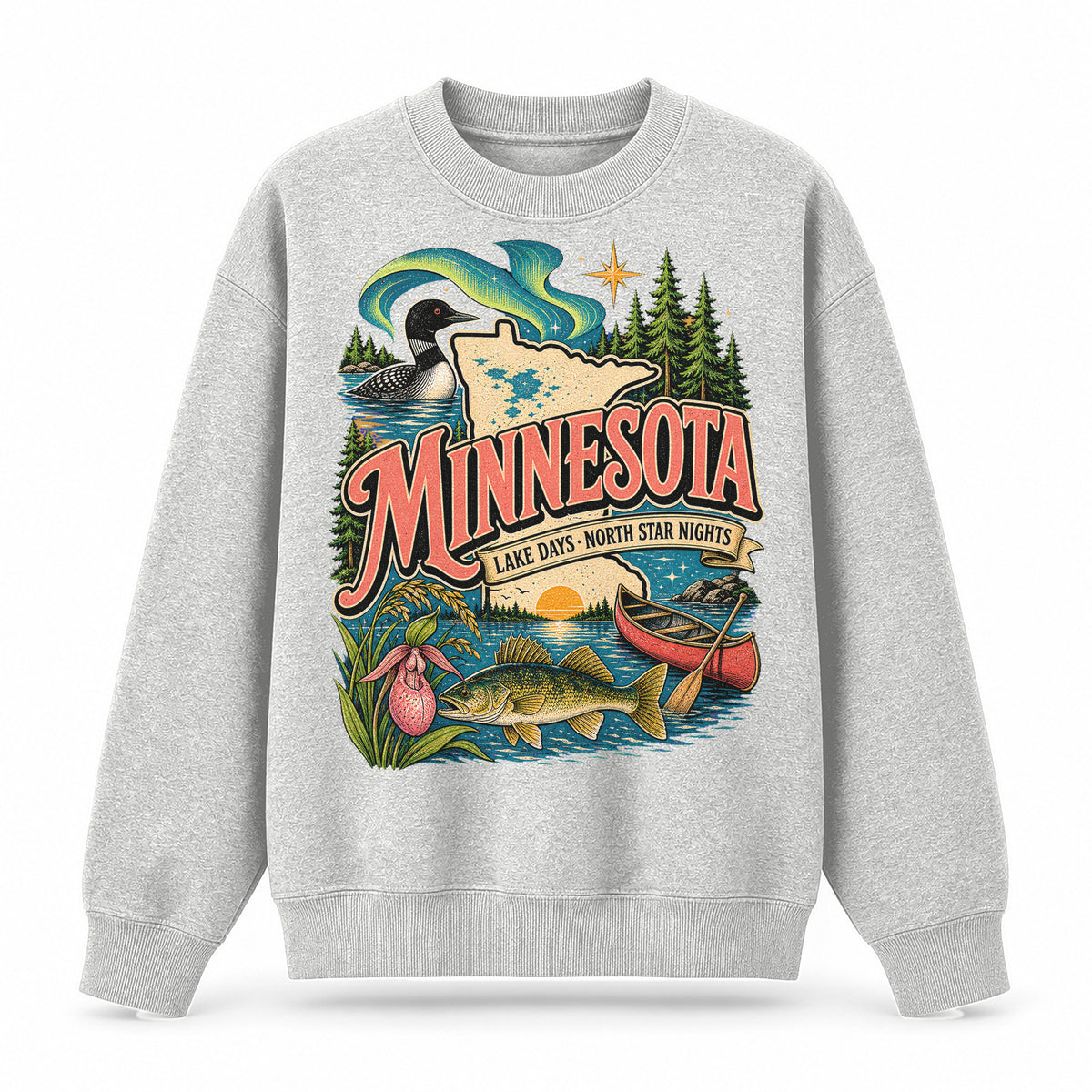Colorful Minnesota State Collage Crewneck Sweatshirt in Light Gray, front view on a white background