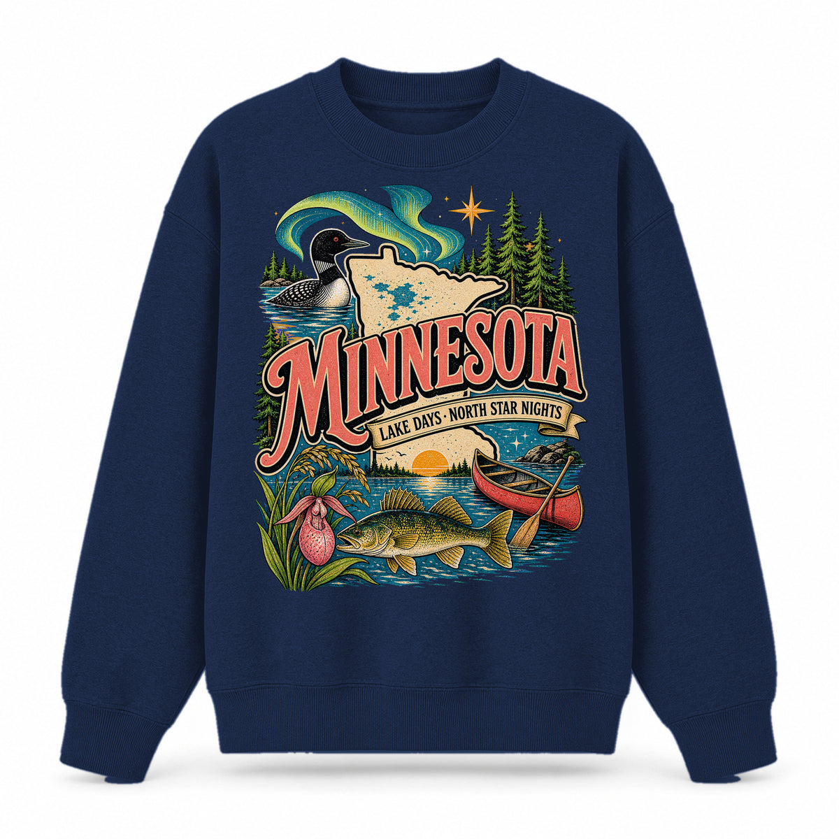 Colorful Minnesota State Collage Crewneck Sweatshirt in Navy, front view on a white background