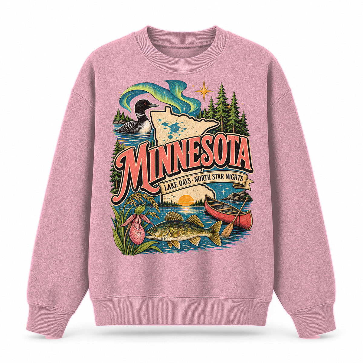Colorful Minnesota State Collage Crewneck Sweatshirt in Pink, front view on a white background
