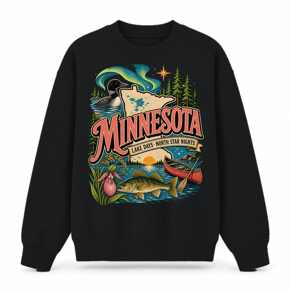 Colorful Minnesota State Collage Crewneck Sweatshirt in Black, front view on a white background