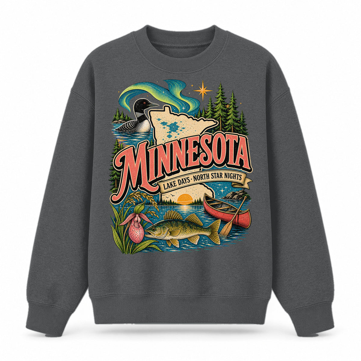 Colorful Minnesota State Collage Crewneck Sweatshirt in Dark Gray, front view on a white background