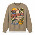 Colorful Mississippi State Collage Crewneck Sweatshirt in Khaki, front view on a white background