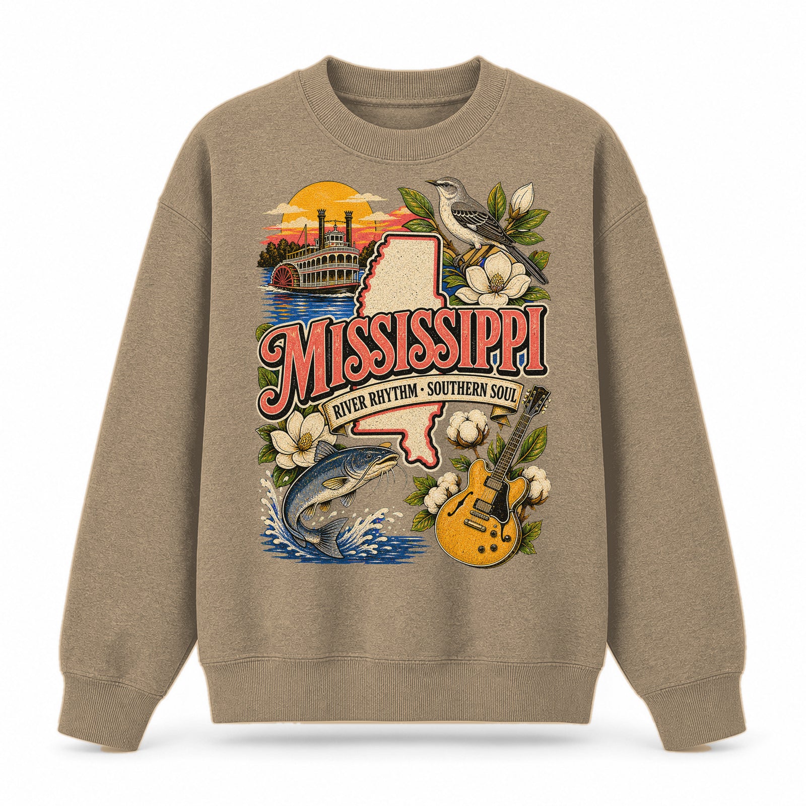 Colorful Mississippi State Collage Crewneck Sweatshirt in Khaki, front view on a white background