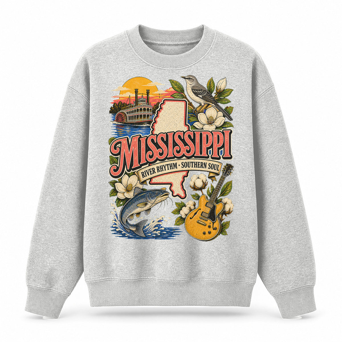 Colorful Mississippi State Collage Crewneck Sweatshirt in Light Gray, front view on a white background