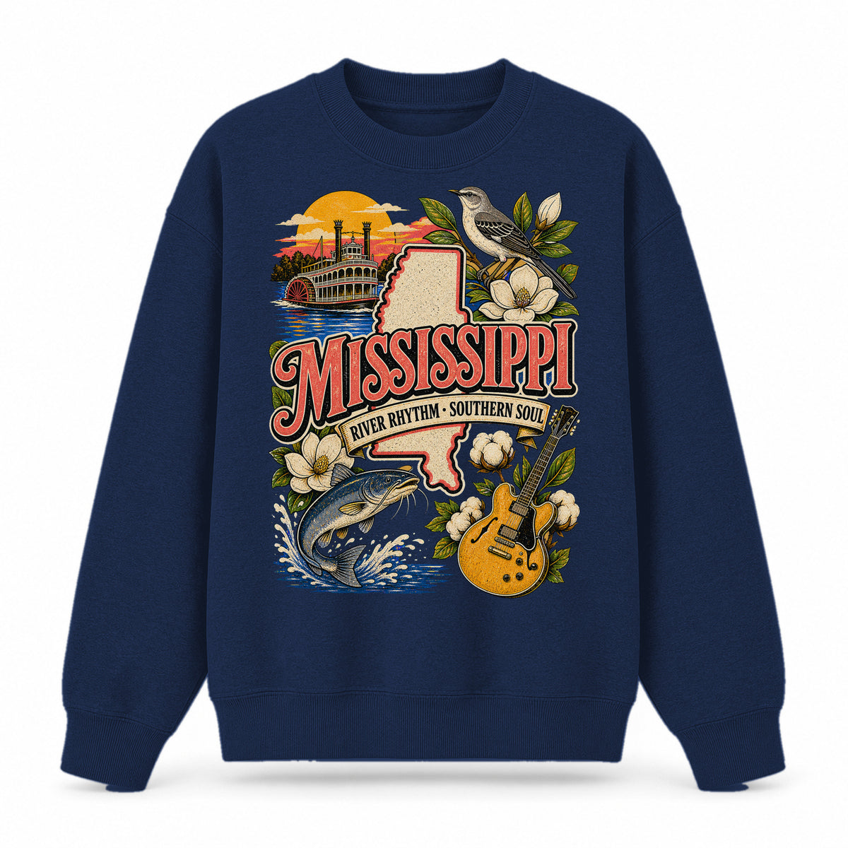 Colorful Mississippi State Collage Crewneck Sweatshirt in Navy, front view on a white background