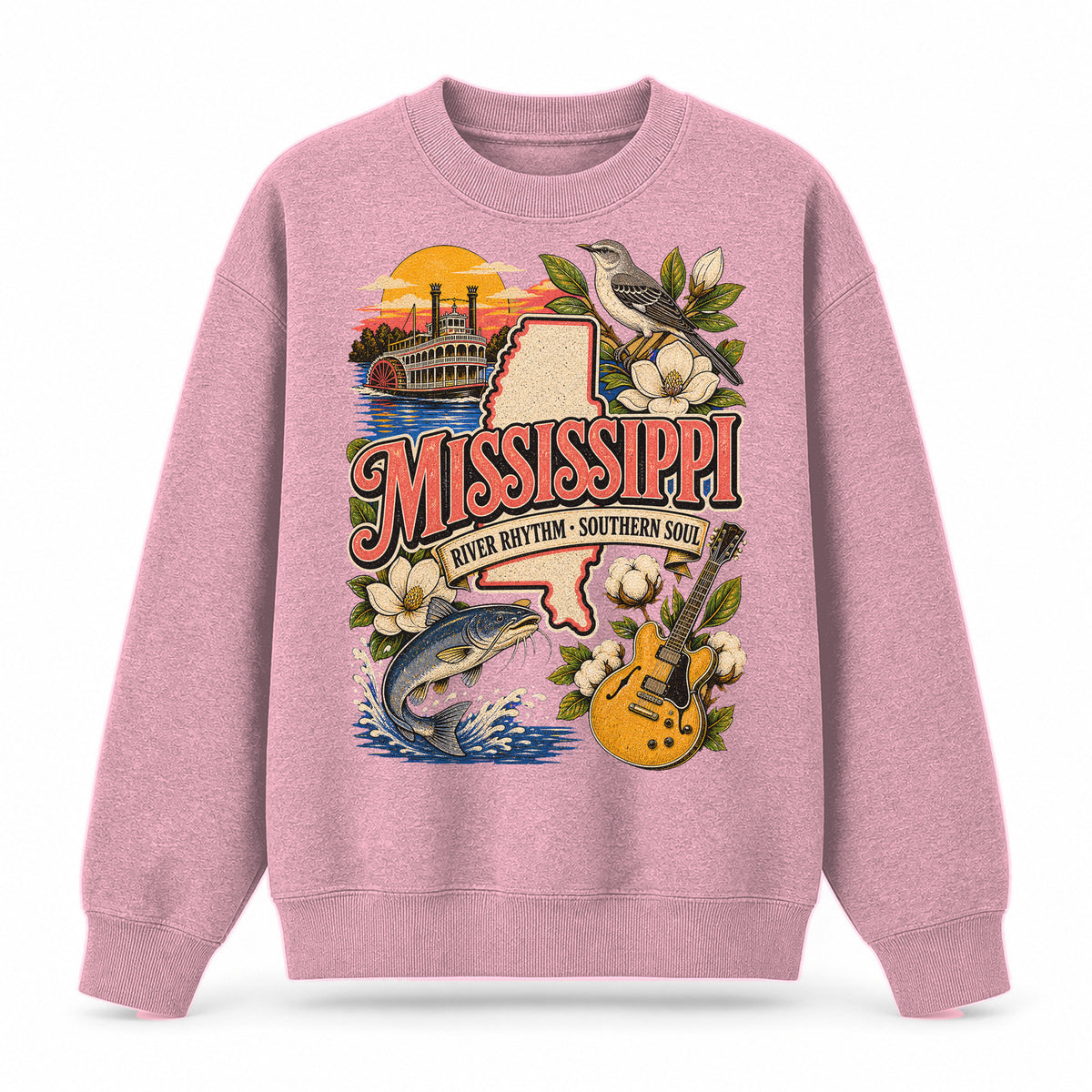 Colorful Mississippi State Collage Crewneck Sweatshirt in Pink, front view on a white background