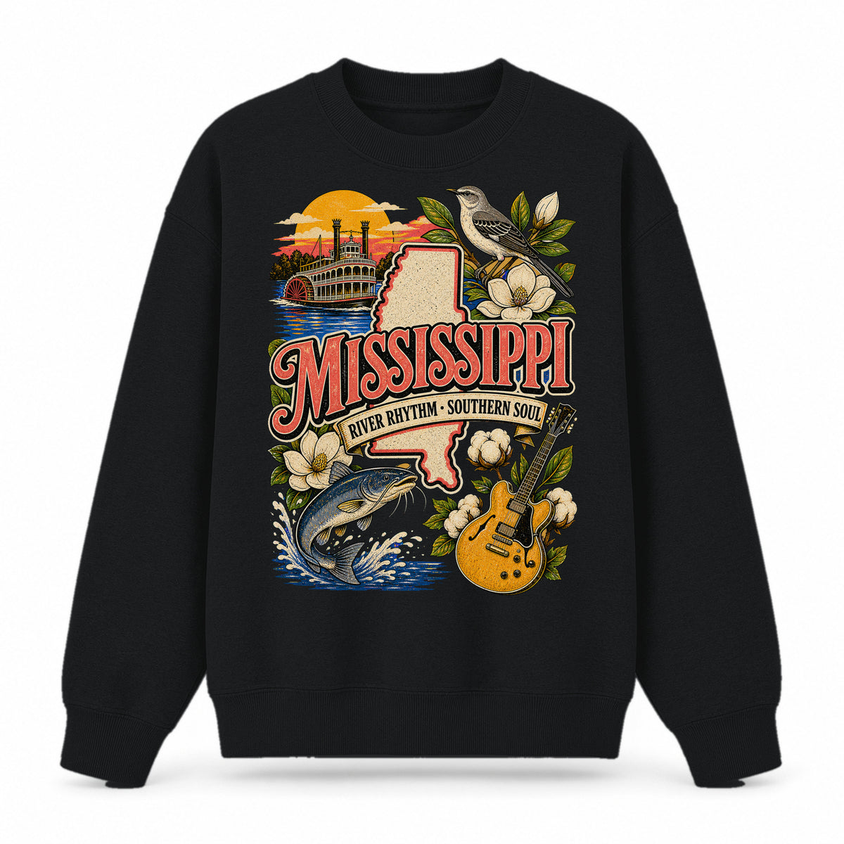 Colorful Mississippi State Collage Crewneck Sweatshirt in Black, front view on a white background