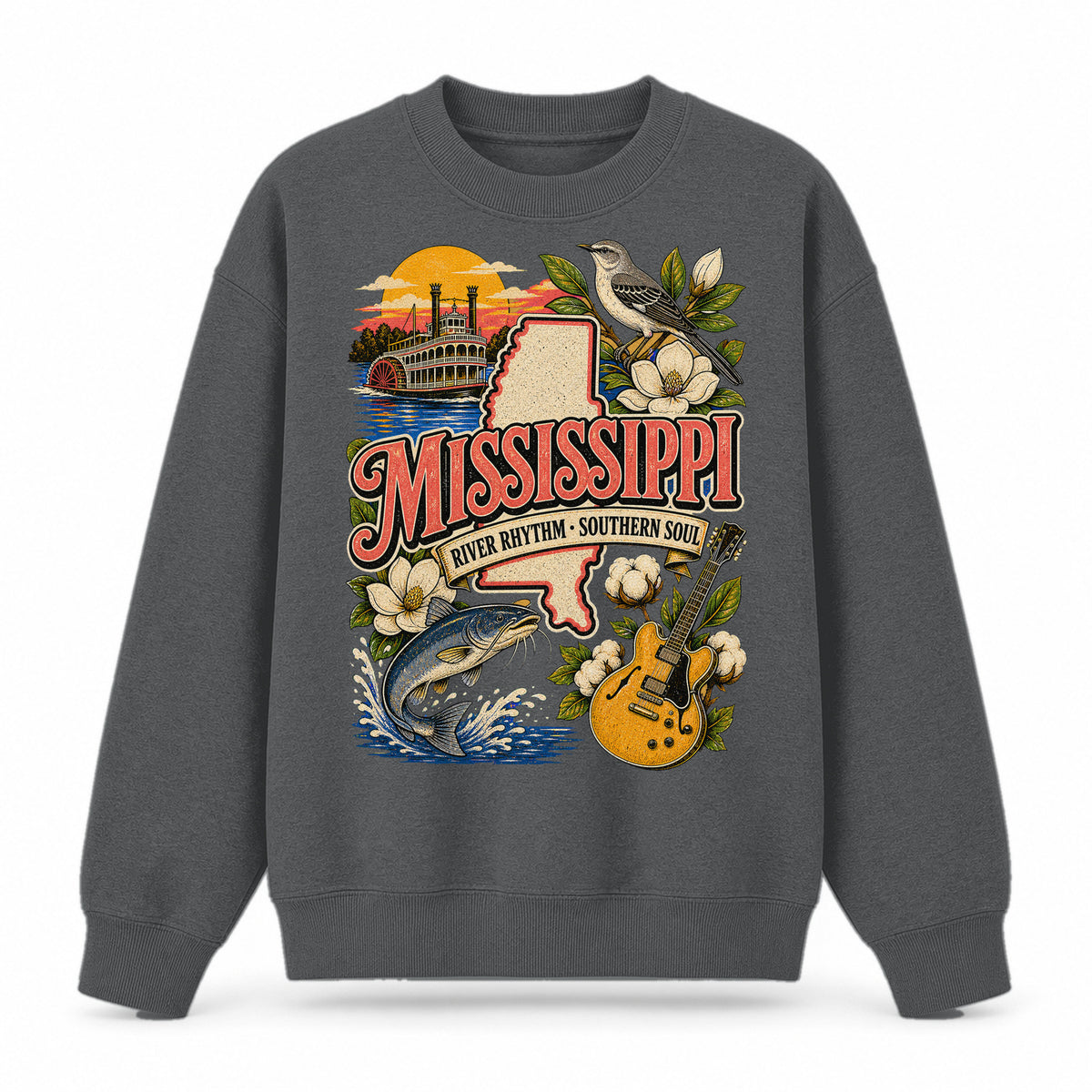 Colorful Mississippi State Collage Crewneck Sweatshirt in Dark Gray, front view on a white background