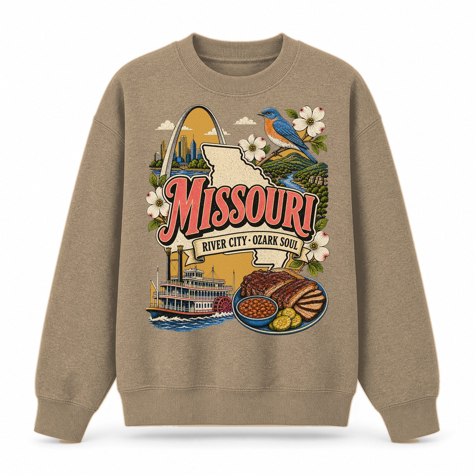 Colorful Missouri State Collage Crewneck Sweatshirt in Khaki, front view on a white background