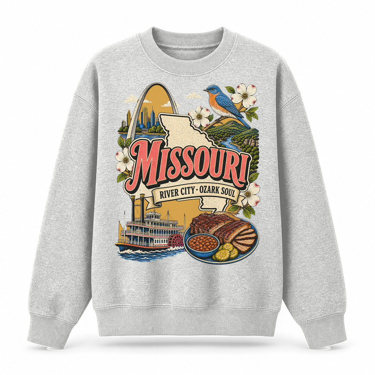 Colorful Missouri State Collage Crewneck Sweatshirt in Light Gray, front view on a white background