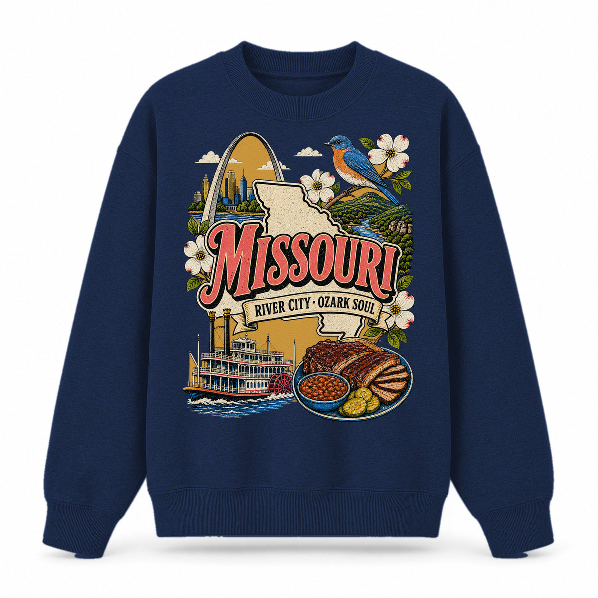 Colorful Missouri State Collage Crewneck Sweatshirt in Navy, front view on a white background