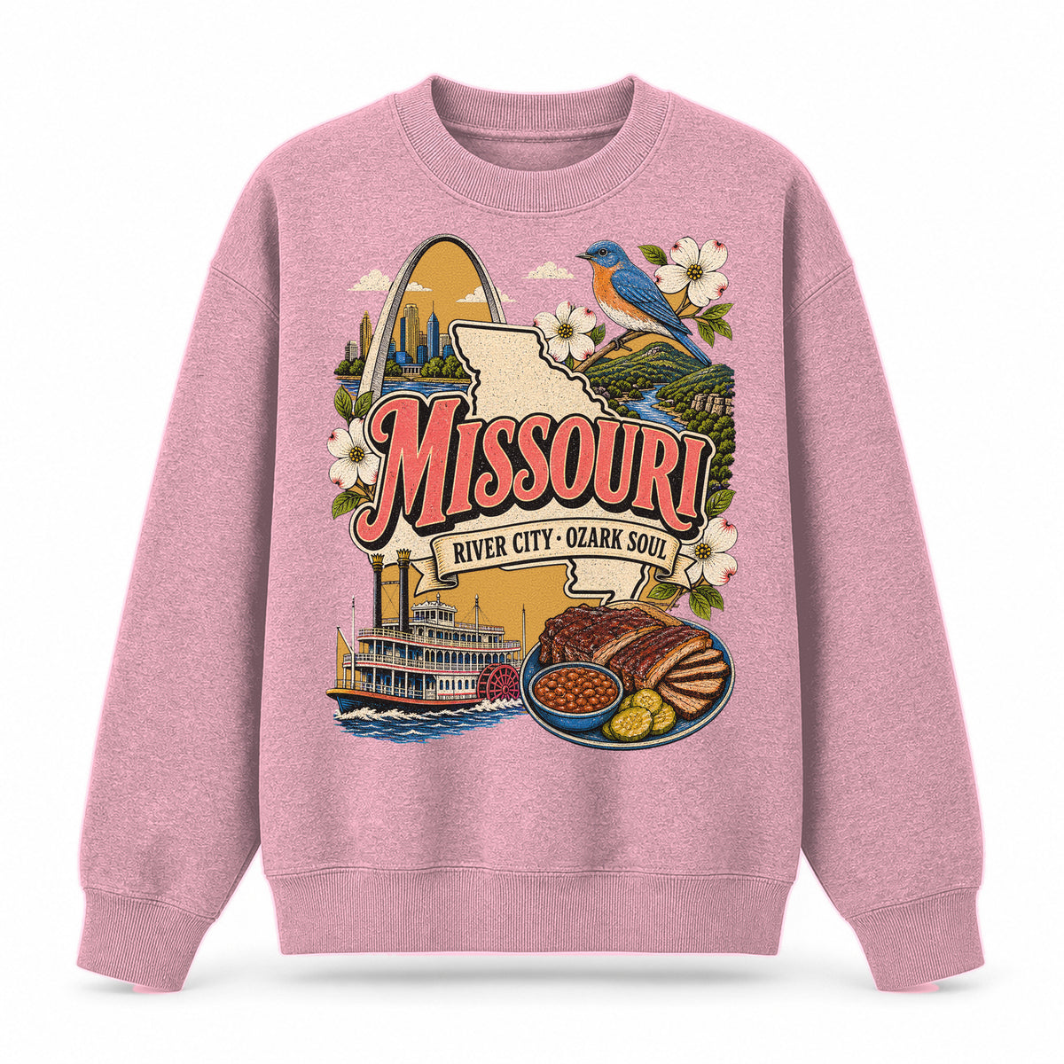 Colorful Missouri State Collage Crewneck Sweatshirt in Pink, front view on a white background