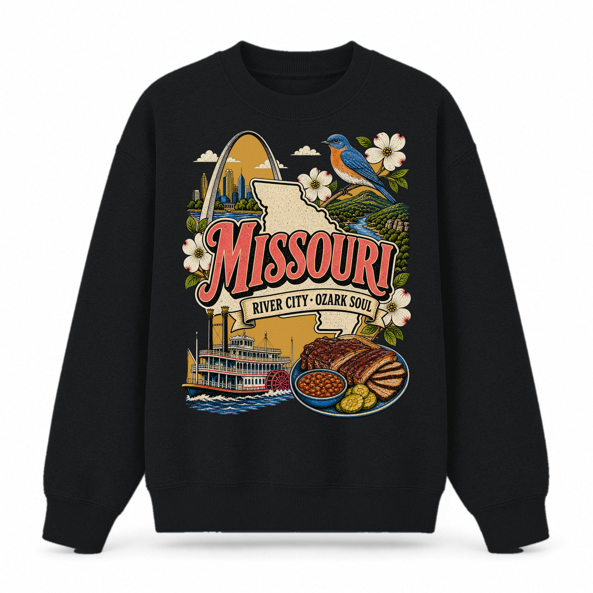 Colorful Missouri State Collage Crewneck Sweatshirt in Black, front view on a white background