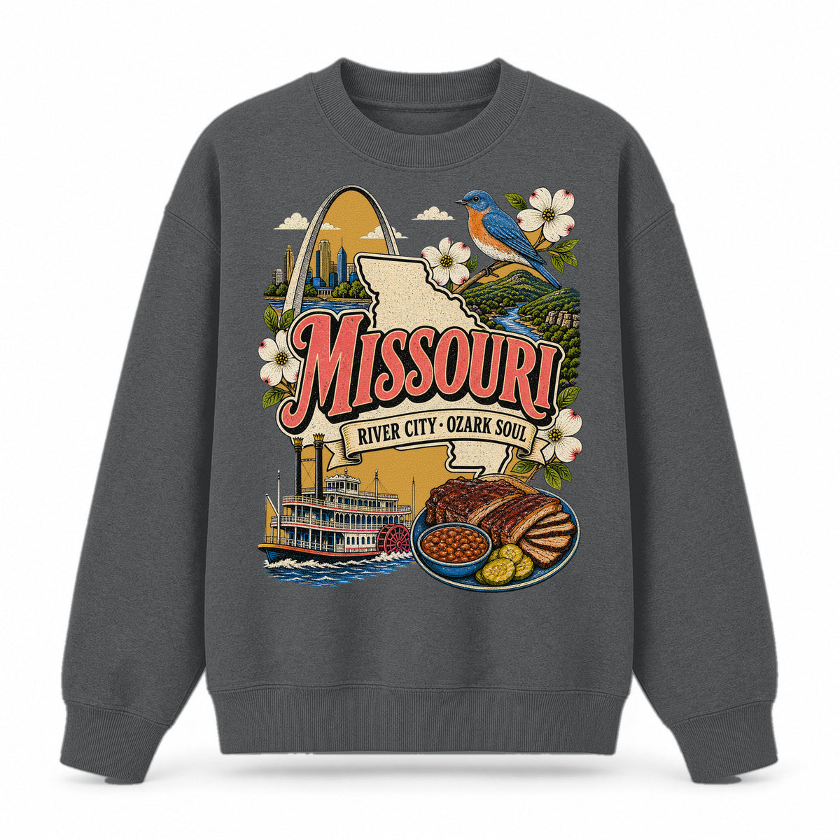 Colorful Missouri State Collage Crewneck Sweatshirt in Dark Gray, front view on a white background