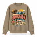 Colorful Montana State Collage Crewneck Sweatshirt in Khaki, front view on a white background