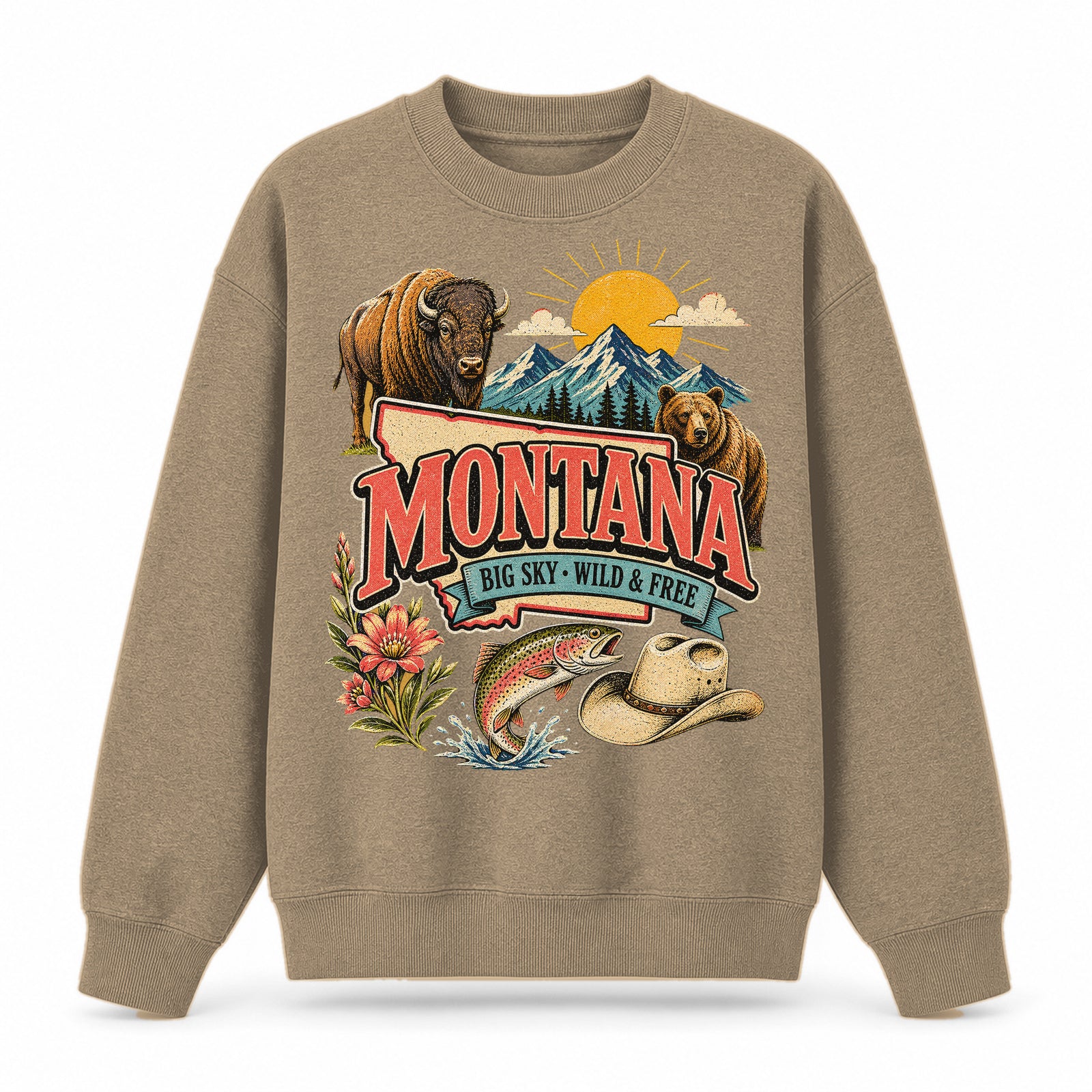 Colorful Montana State Collage Crewneck Sweatshirt in Khaki, front view on a white background