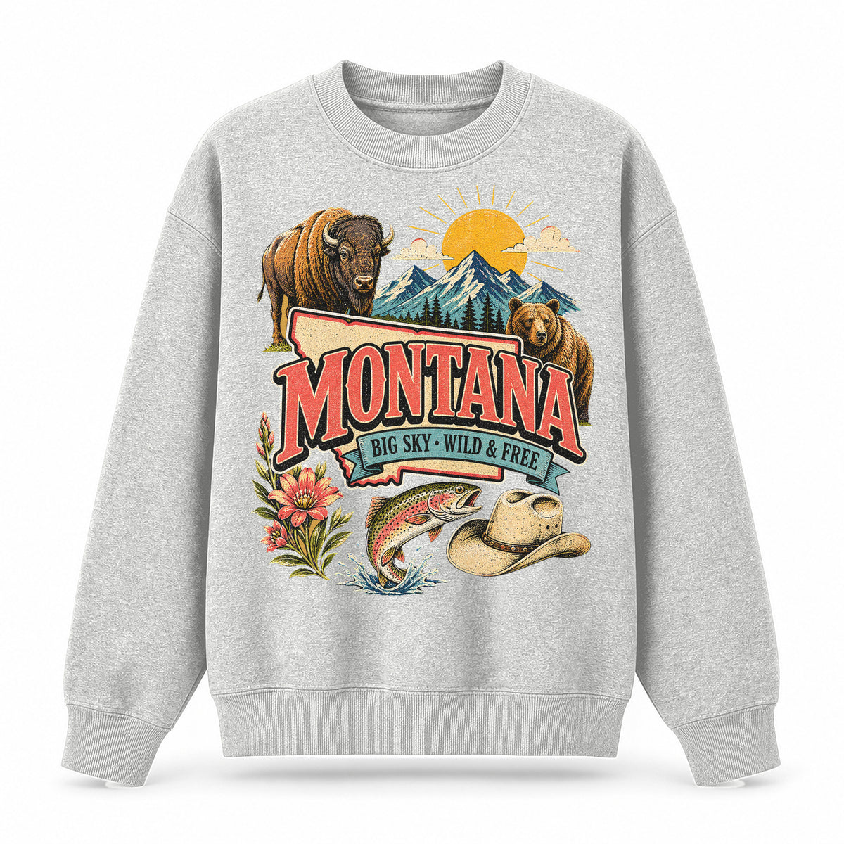 Colorful Montana State Collage Crewneck Sweatshirt in Light Gray, front view on a white background