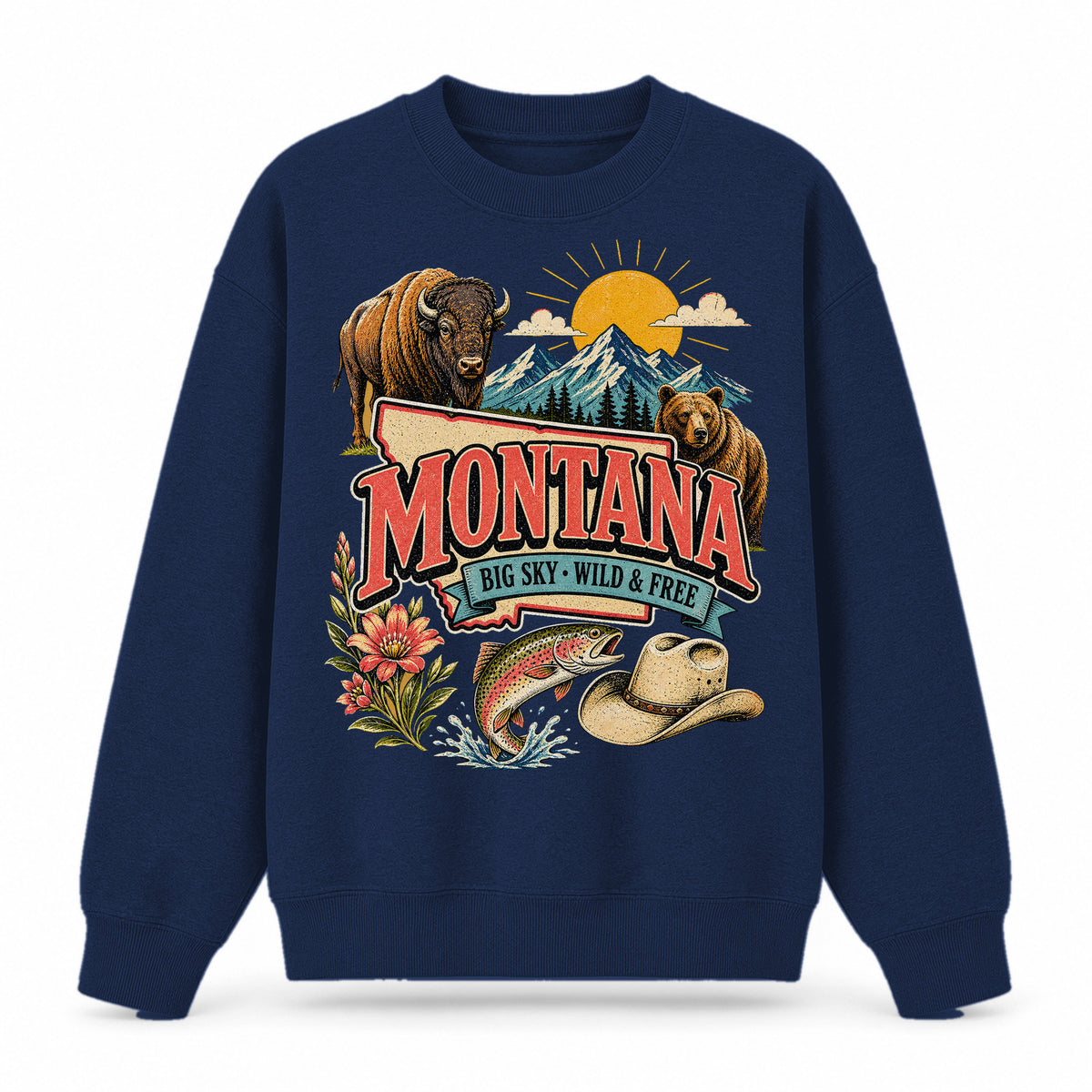 Colorful Montana State Collage Crewneck Sweatshirt in Navy, front view on a white background