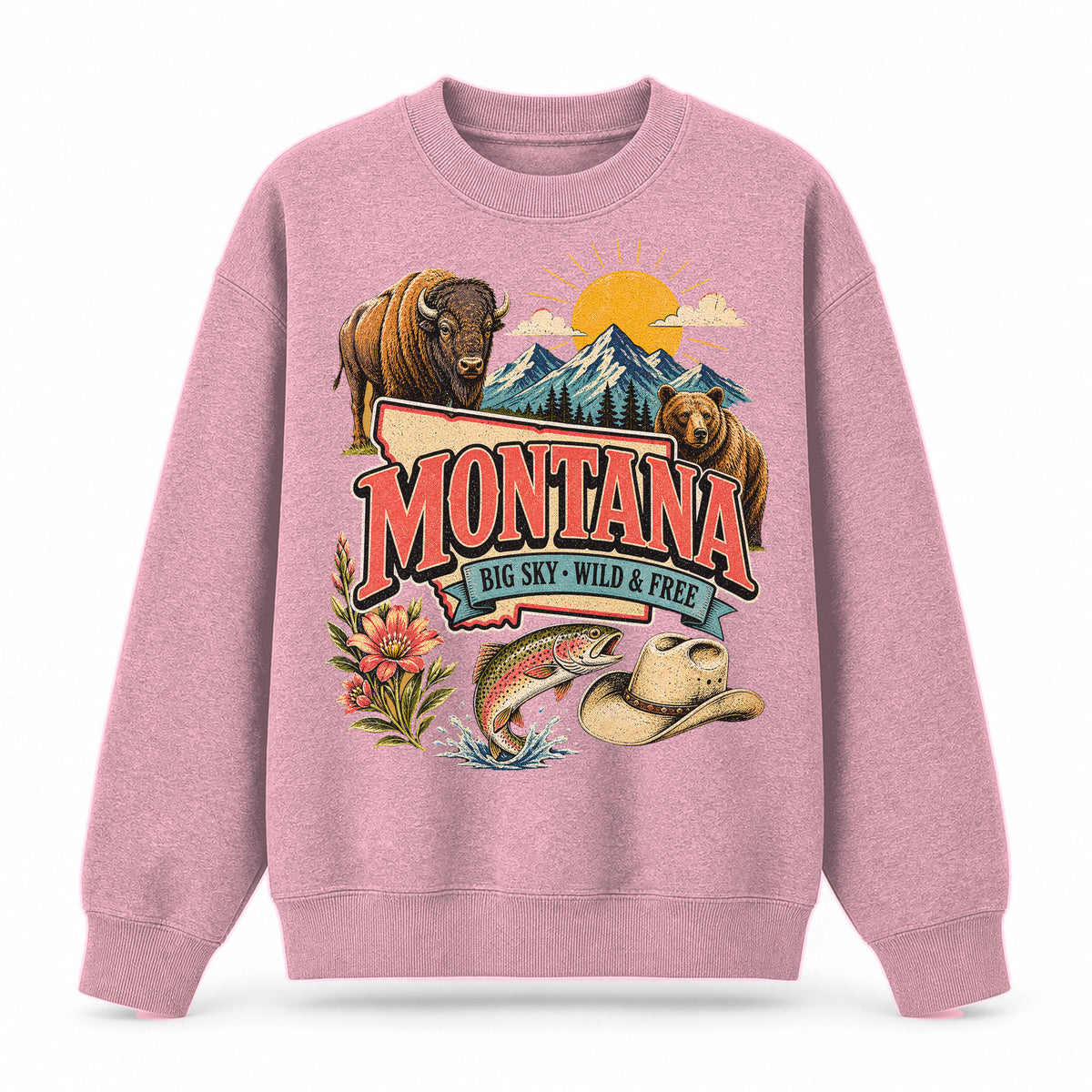 Colorful Montana State Collage Crewneck Sweatshirt in Pink, front view on a white background
