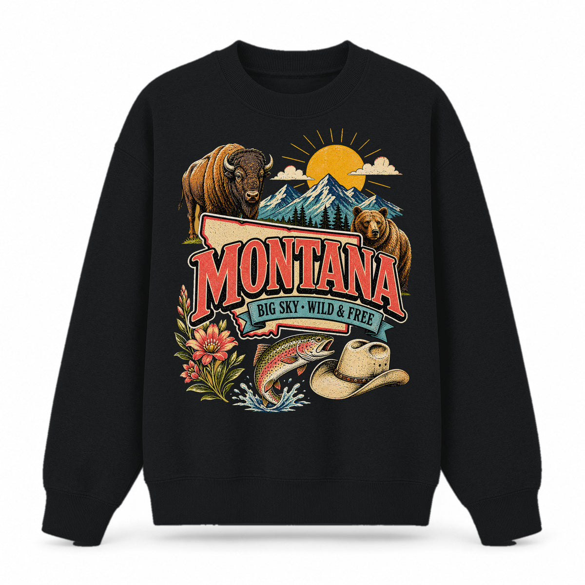 Colorful Montana State Collage Crewneck Sweatshirt in Black, front view on a white background
