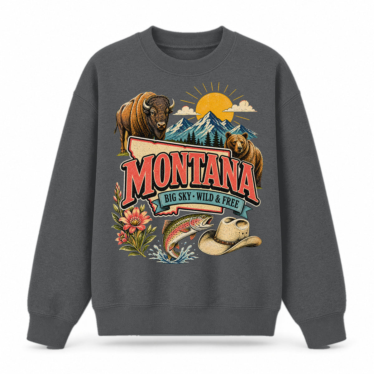 Colorful Montana State Collage Crewneck Sweatshirt in Dark Gray, front view on a white background