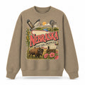 Colorful Nebraska State Collage Crewneck Sweatshirt in Khaki, front view on a white background