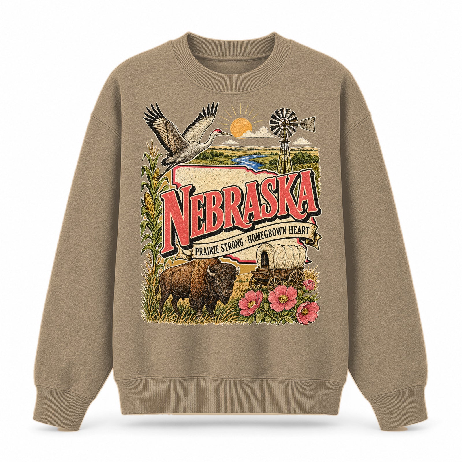 Colorful Nebraska State Collage Crewneck Sweatshirt in Khaki, front view on a white background