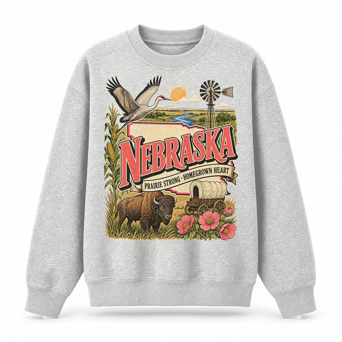 Colorful Nebraska State Collage Crewneck Sweatshirt in Light Gray, front view on a white background